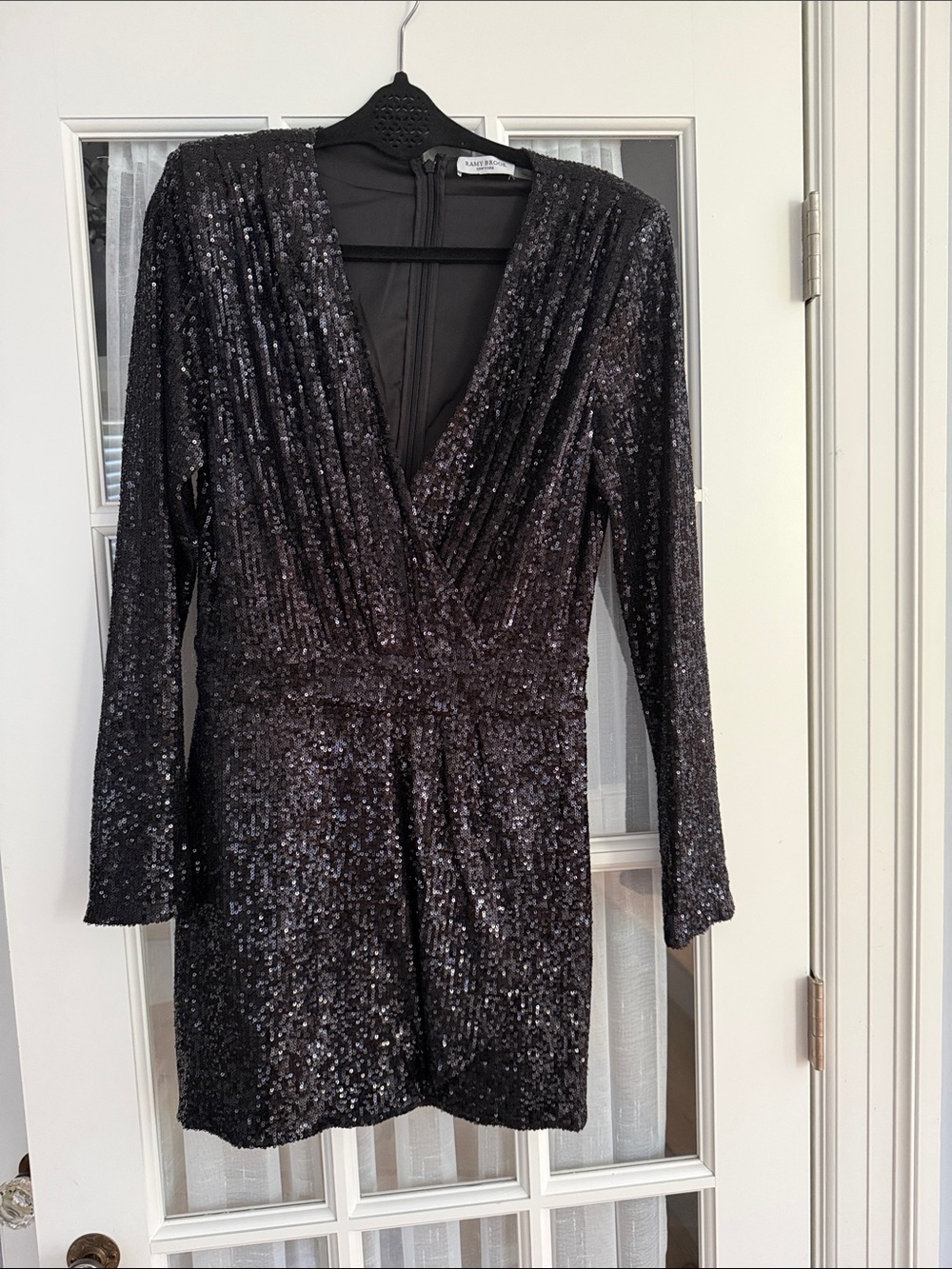Black Sequin V-Neck Long Sleeve Mini Dress